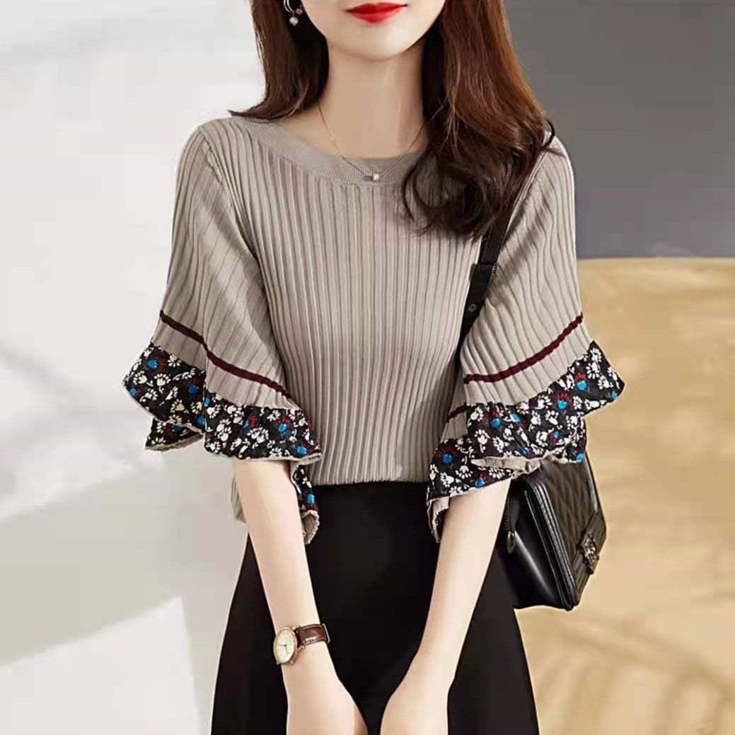 トップス Tシャツ ニットソー セーター プルオーバー 袖あり 半袖 5分袖 五分袖 フレアスリーブ ラウンドネック 切り替えデザイン 伸縮性 ニット サマーニット かわいい 大人可愛い