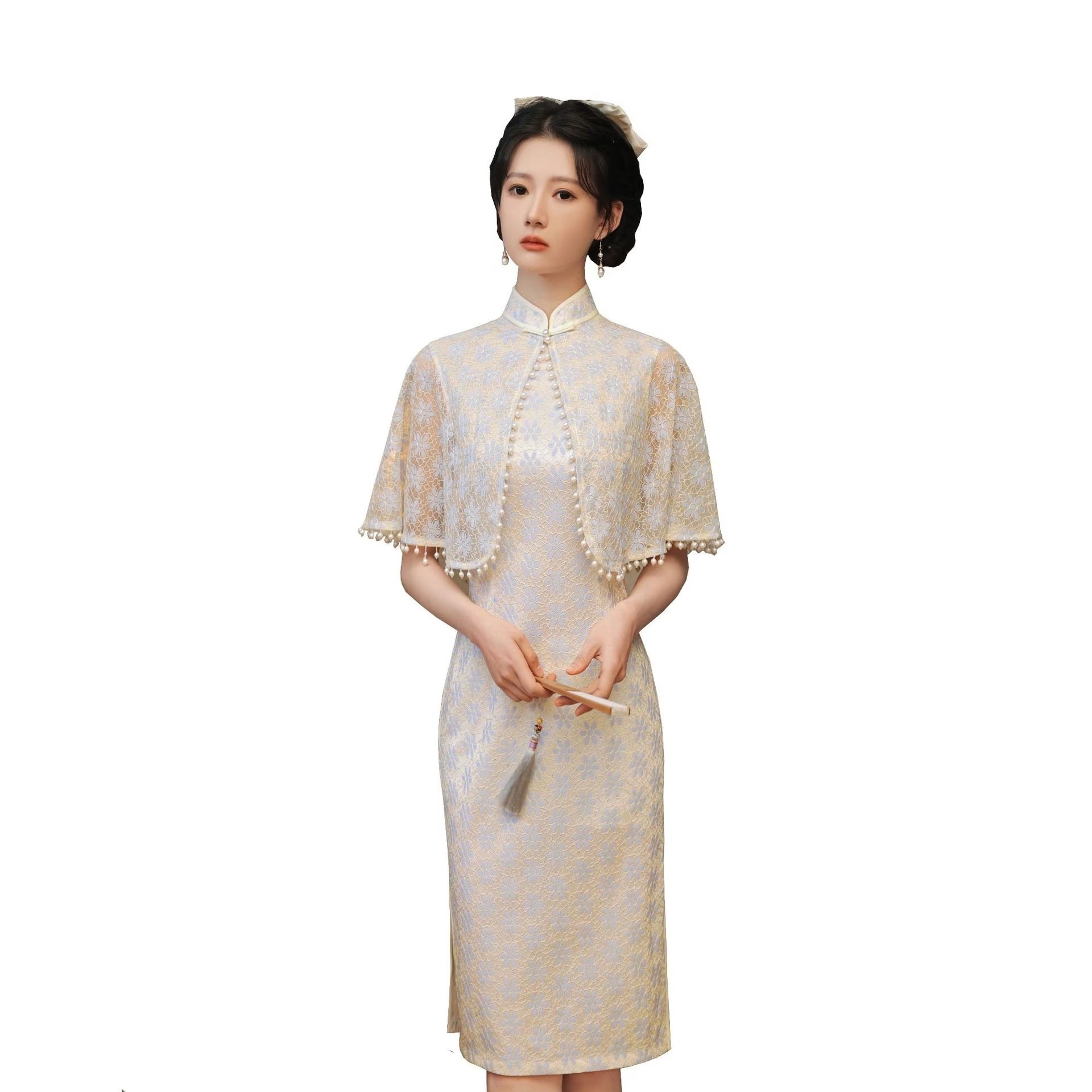 春夏修身ストール2着ミディアム複合レース改良チャイナドレス