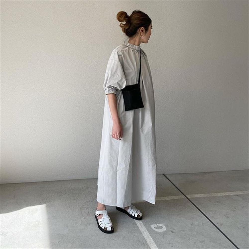 ワンピース シャツワンピース ロング ロング丈 マキシ マキシ丈 袖あり ボリューム袖 スタンドカラー ストレート ワイド きれいめ シンプル カジュアル 大人 上品 おしゃれ お洒落 大人女子