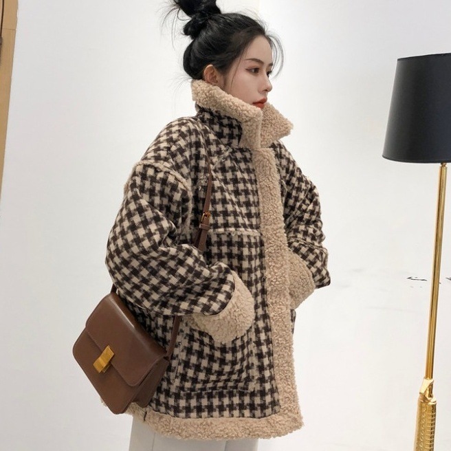 ボアコート チェック柄ジャケット 韓国流行 韓国ファッション アウター ジャケット 長袖 襟付き