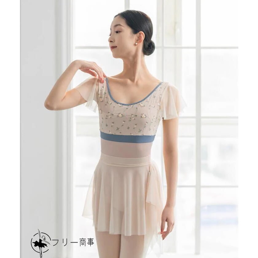 新品登場 バレエ レオタード 大人用 チュール切り替え 袖フリル Uネック 小花刺繍 繊細 背中 レディース バレエ 練習着 レッスンウェア バレエ用品 新体操 専門30パーセント限定