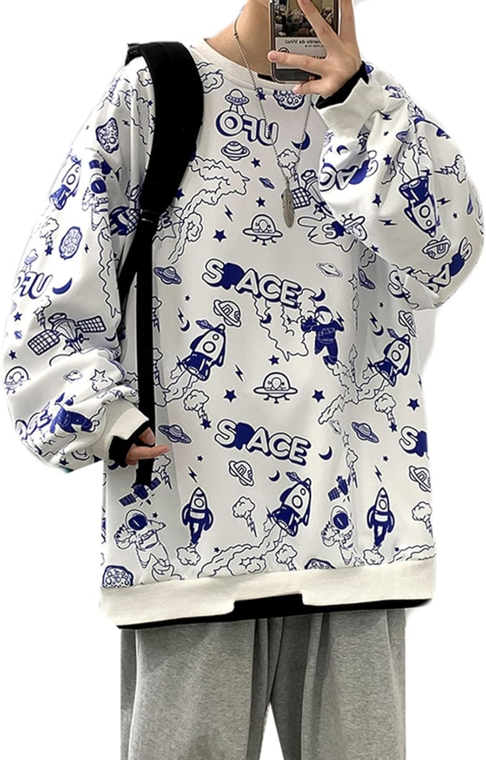 プルオーバー 男性用 インナー パーカー トレーナー 総柄 プリント ソフト オーバーサイズ ストレッチ クルーネック 保温 吸汗性 丈長め カジュアル 春秋 体型パカー シンプル 重ね着風 普段着