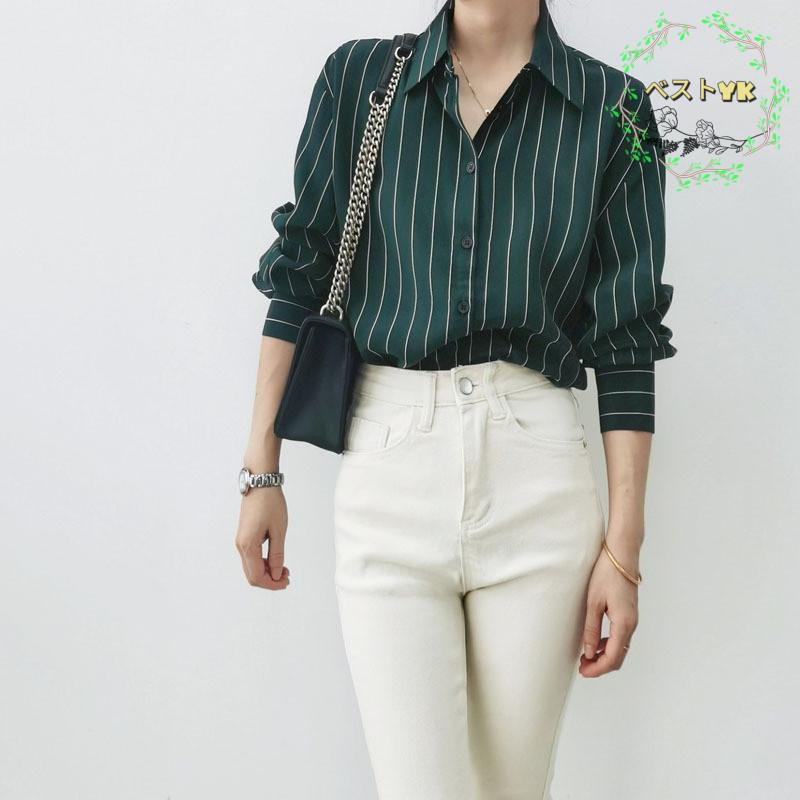 レディース シャツ ダークグリーン シャツジャケット ストライプ柄 長袖シャツ ゆったり 秋 ライトアウター レトロ 女性 重ね着 春 トップス