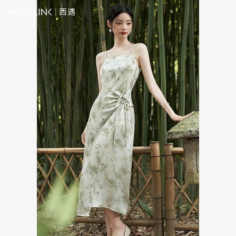 【急速出荷!】レトロ サテングラデプリントワンピース 2025春夏 ストラップ ウエストパネルシェイプ ワンピース ワンピース レディース ロングワンピース ワンピース 夏 パーティードレス 韓国 ワ