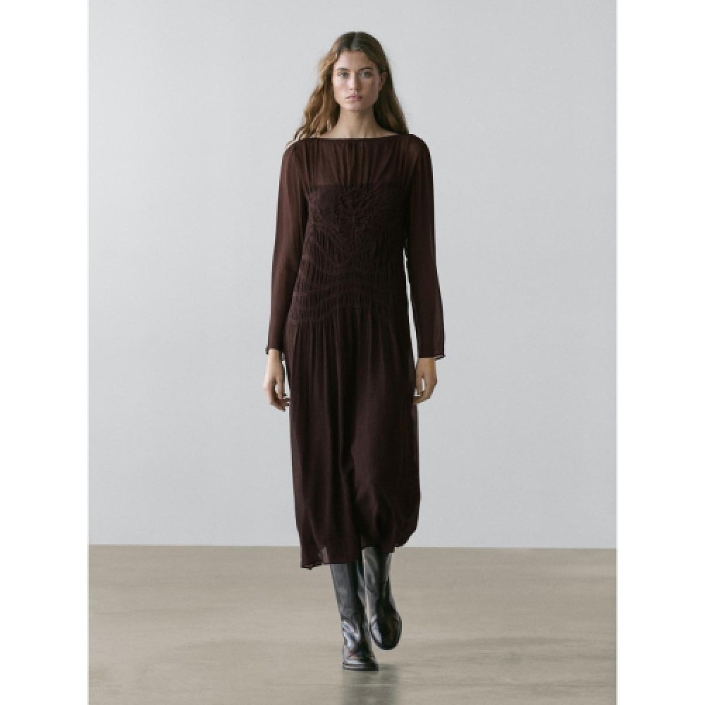 MASSIMO DUTTI フルイド膝丈ドレスシャーリングディテール
