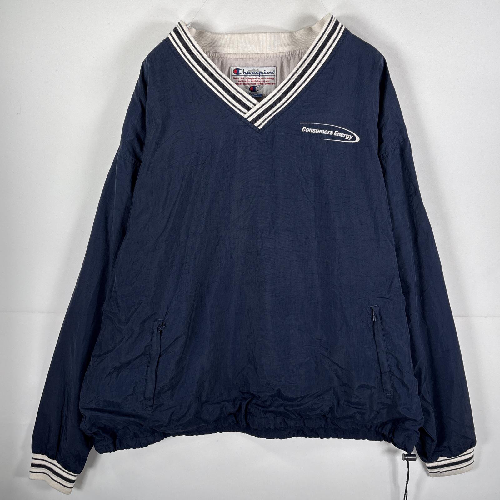 古着 ナイロンプルオーバー Vネック 刺繍ロゴ 袖リブ付き ドローコード XXL ネイビー メンズ