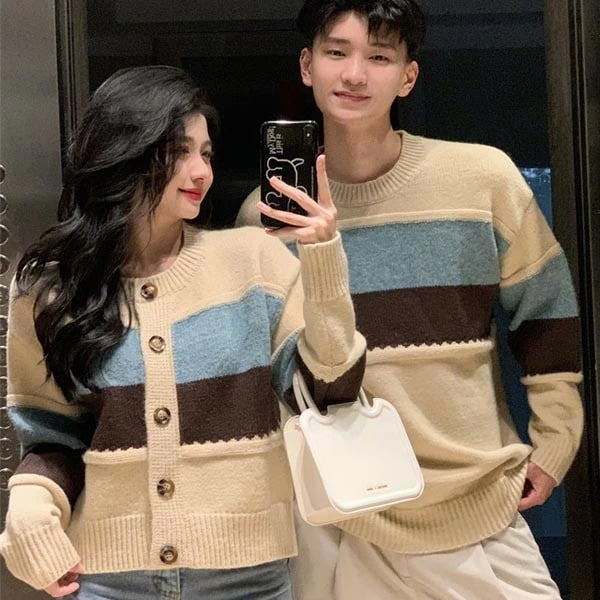 カーディガン セーター ペアルック メンズ レディース お祝い プレゼント クリスマス ニット ベージュ 秋冬 カップル 恋人 親友 友達 姉妹 韓国 おしゃれ 可愛い 暖かい トップス 旅行 S M