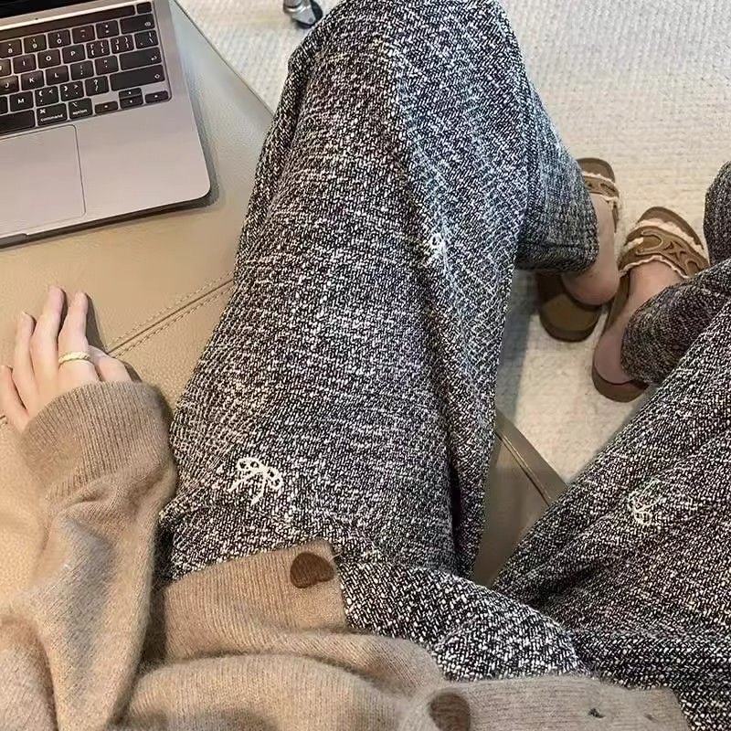 リボン ウェストゴム ルーズ/ワイド/カジュアルロングパンツ ポケット付/グレー・黒