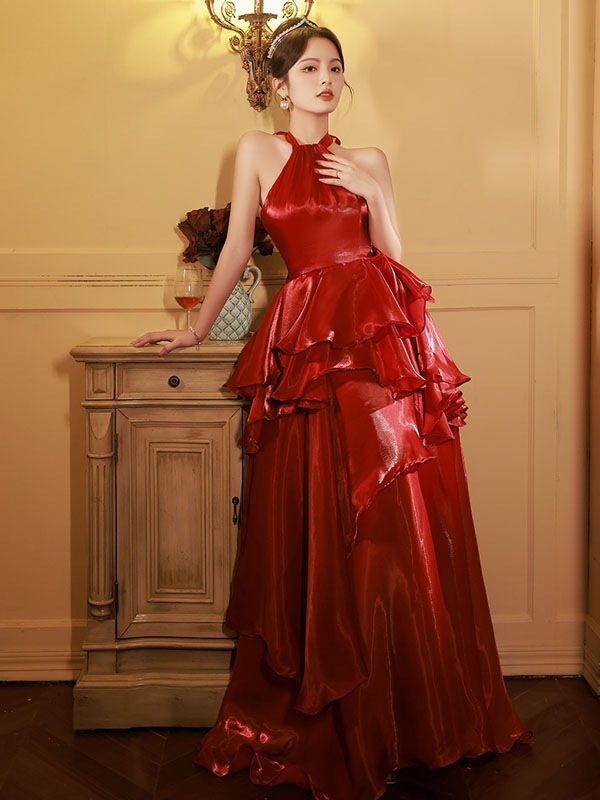 カラードレス パーティードレス ウェディングドレス ロングドレス ホルターネック オーガンジー 結婚式 二次会 発表会 レッド ピンク レトロ ビンテージ風 前撮り ゲストドレス フリル 光沢感 ウエ