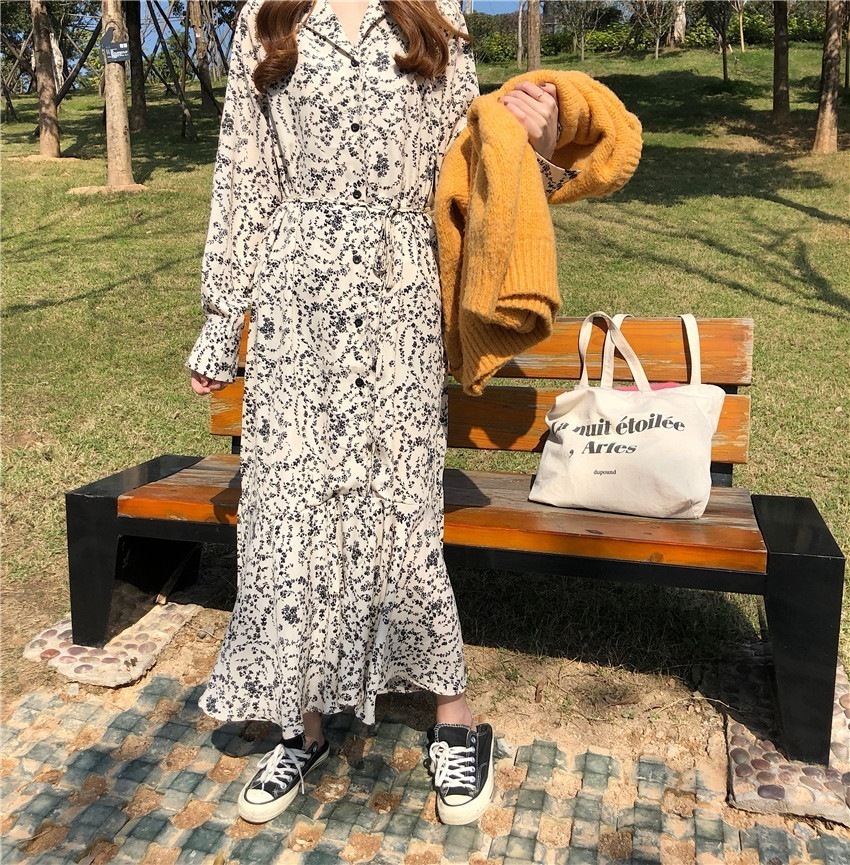 ワンピース 花柄ワンピース 花柄 シャツワンピース 前開き 韓国 レディース オルチャン 膝下 ミモレ ミモレ丈 袖あり 長袖 襟付き マーメイド ベルト ウエストマーク ウエストリボン