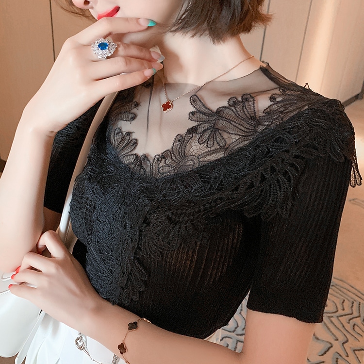 韓国ファッション　シースルーレースリブサマニット　半袖　オフィスコーデ　OL通勤レディース