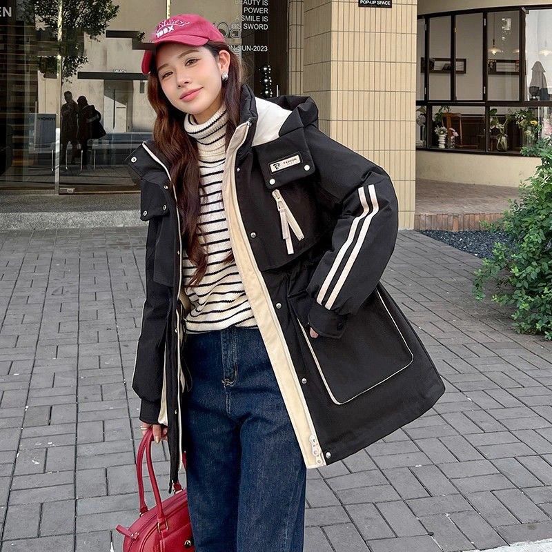 新型つなぎ合わせは色にぶつかって腰を収めて帽子オーバー中中中中中長いタイプと絨毯オーバー秋冬ゆったりしている羽毛綿服を結びます