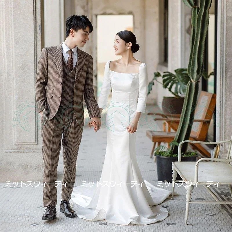 ウェディングドレス ロングドレス 長袖 スクエアネック 結婚式 ウエディングドレス マーメイド 二次