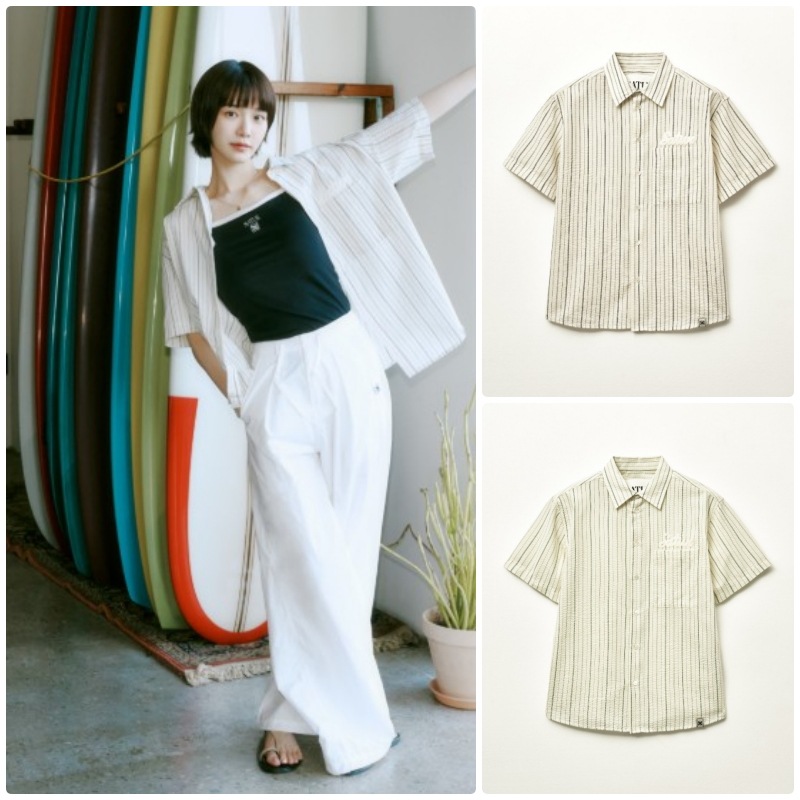 【SATUR】 NATURAL SEERCKER STRIPE HALF SHIRT : 2COLORS