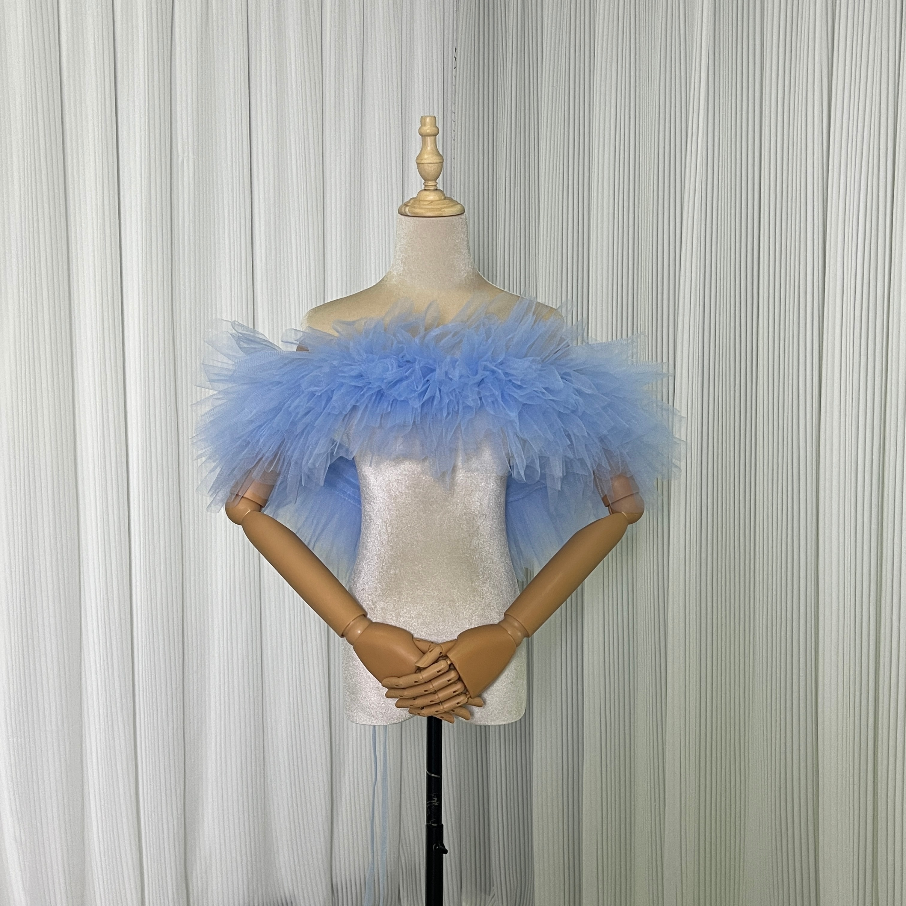 取り外しオフショルダー ブルー 編み上げ ソフトチュール ラッフルフリル 前撮り