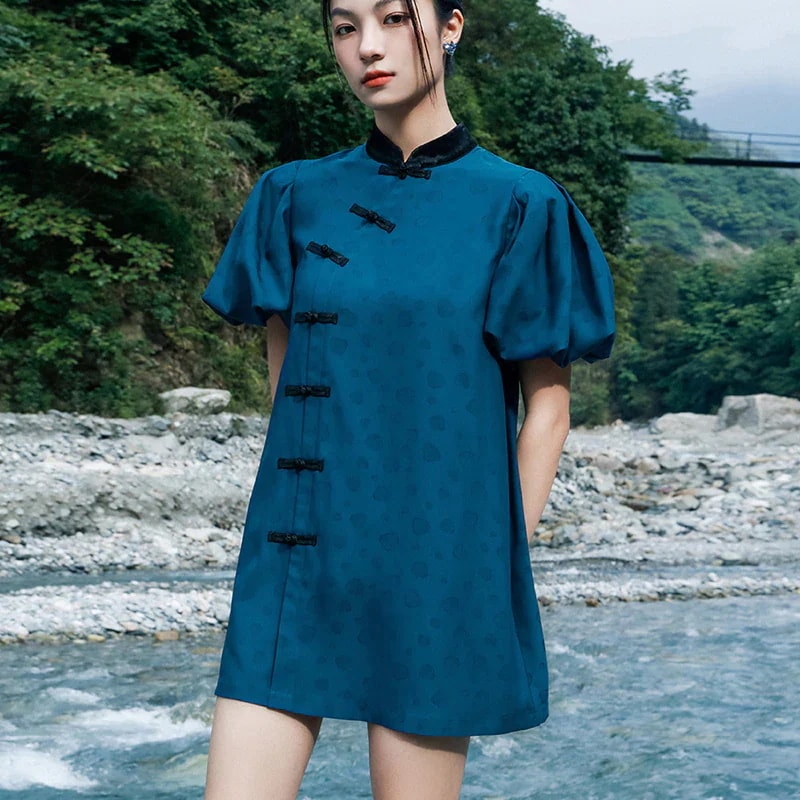 ワンピース 改良チャイナドレス 配色 フロントチャイナボタン チャイナ風ワンピース ミニワンピース 夏 半袖 ボリュームスリーブ 青