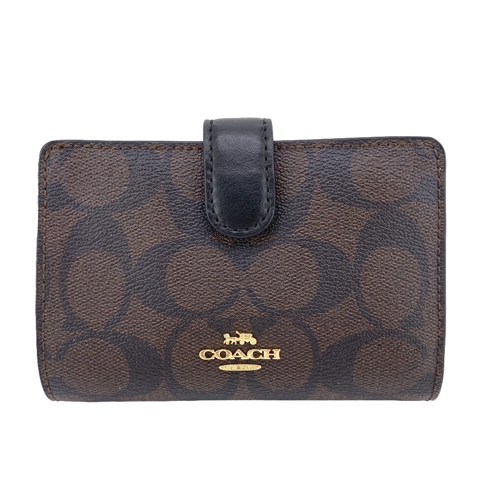 F23553 ミディアムコーナージップウォレット シグネチャー レザー 二つ折り財布 ブラウン レディース ブランド