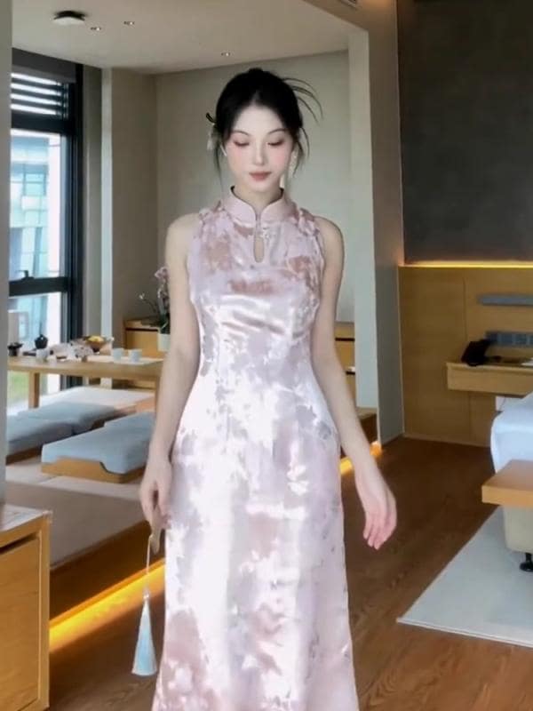 チャイナドレス レディース ワンピース 日常使い 若々しい ジャカード ホルターネック ピンク