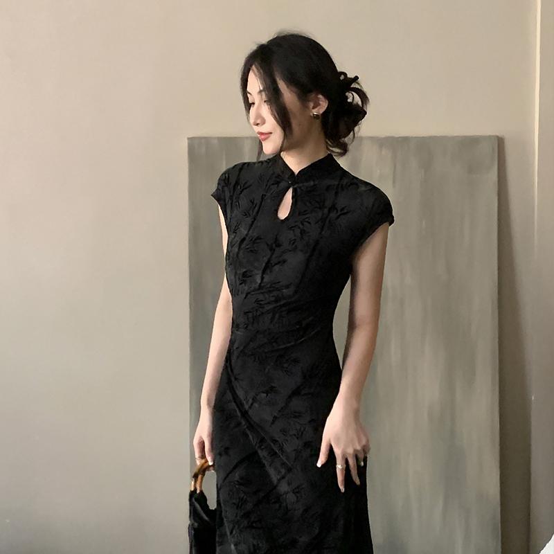 チャイナドレス レディース ワンピース 若見え 女の子 ジャカード 夏 ブラウン ブラック