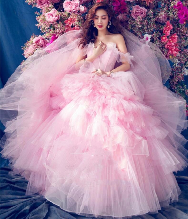 高級感 結婚式ドレス 森系 お姫様 ウェディングドレス きれいめ フォトウェディング撮影 前撮りドレス 後撮り パーティードレス 多重チュール 可愛い 成人式ドレス カラードレス コンサート オフショ