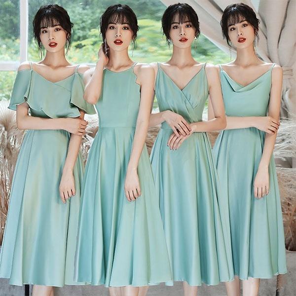 グリーン30%OFF安い Vネック 肩出し ノースリーブ 半袖 袖あり 演奏会 4タイプ ミモレドレス キャミソールドレス ドレス 【6月新品＆イベントセール】ブライズメイド