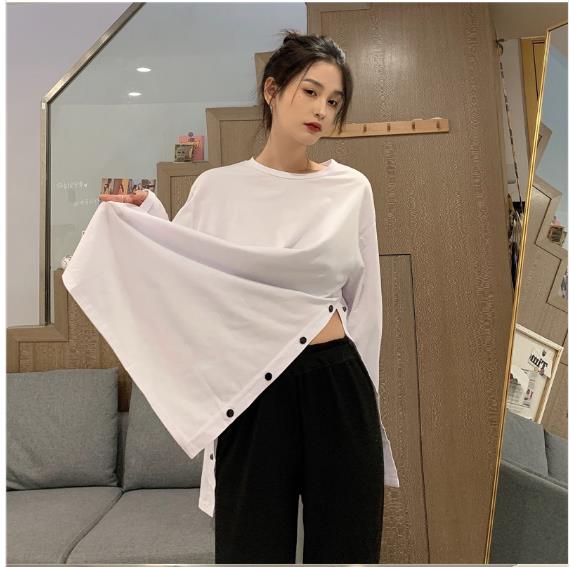 綿秋の服ミッド - 長いスプリットボタンバットフライドストリートロング - スリーブ付きTシャツ女性のトップ 5,999円
