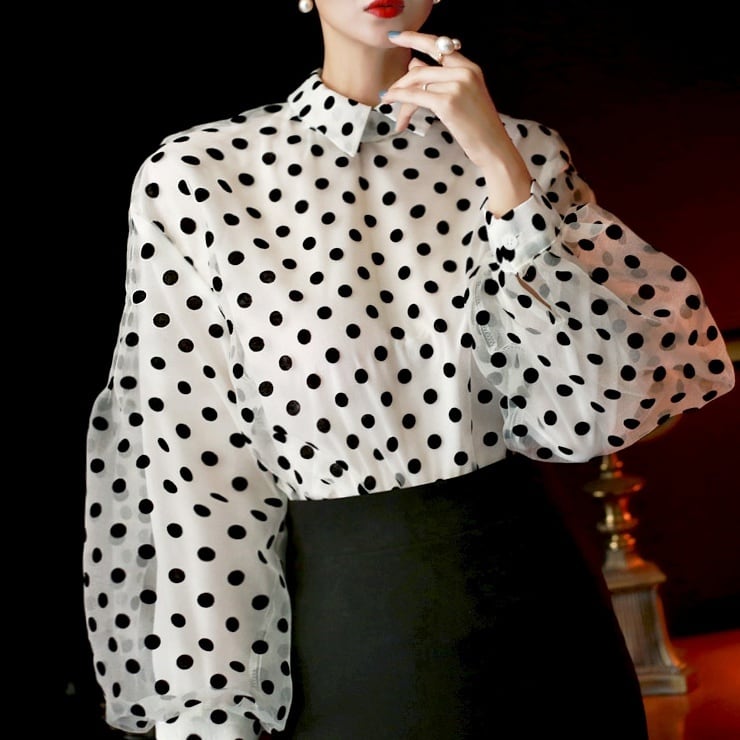レディース トップス シャツ ブラウス 水玉パフスリーブシャツ ドットオーガンジーブラウス 153