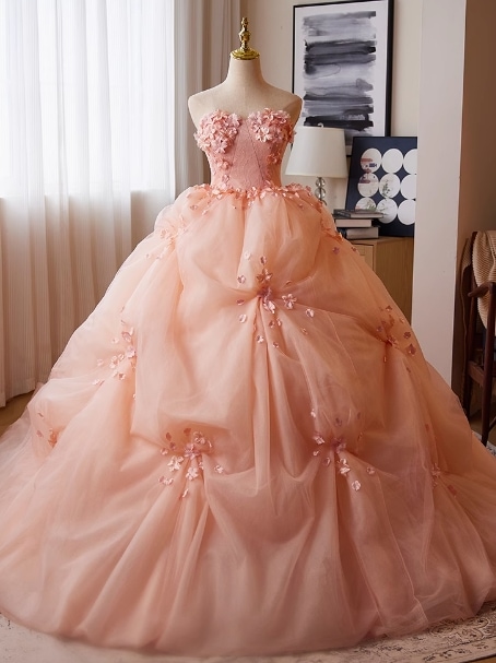 カラードレス 薄ピンク ベアトップ ビスチェタイプ 花嫁 3D立体レース刺繍 フレアスカート