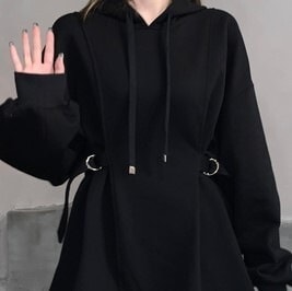 ワンピース チュニック 膝丈 ショート丈 フード付き 袖あり 長袖 Vネック フレア ウエストマーク 切り替え かわいい 大人可愛い きれいめ シンプル ベーシック 定番 大人 上品 おしゃれ お洒落