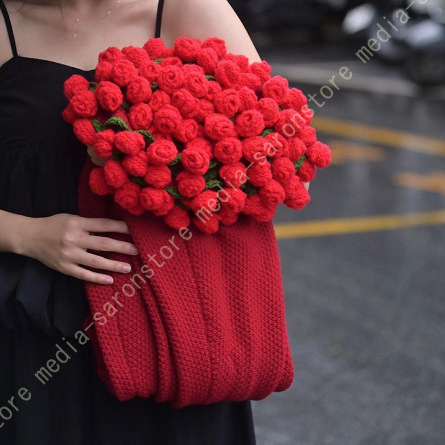 「短納期」ローズブランケット 毛糸毛布 花束風 かぎ針編み 手作り ハンドメイド ブーケデザイン 花柄ブランケット 冷房対策 おしゃれ 可愛い ショール インテリア