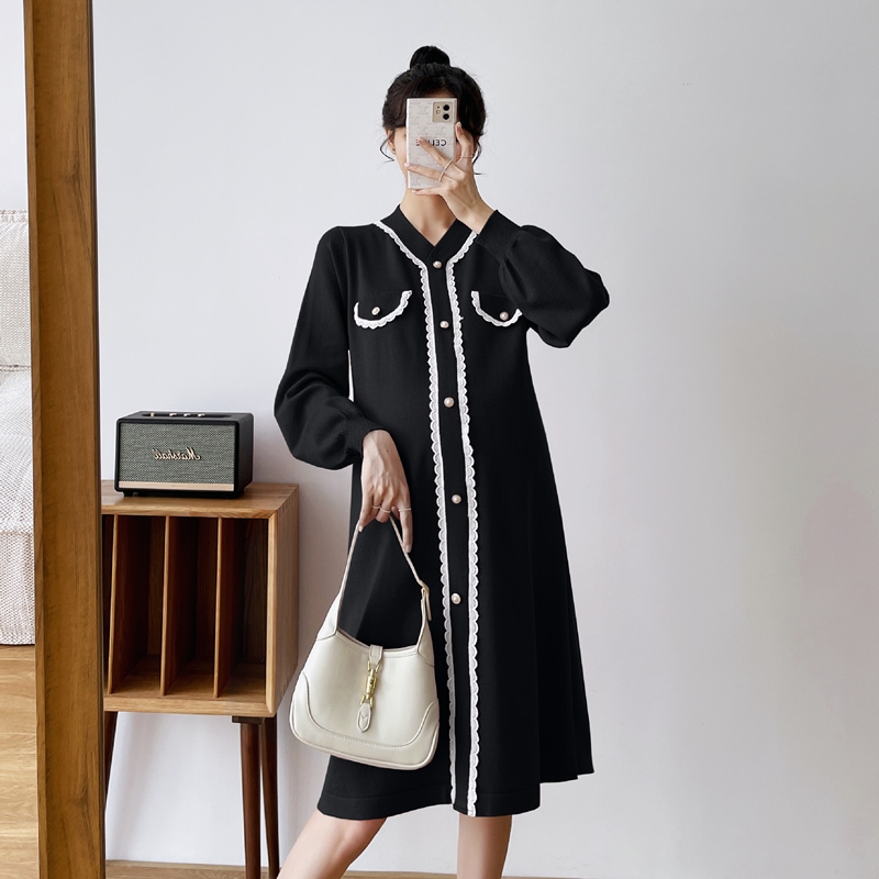 【送料無料】マタニティ ワンピース レース パールボタン パフスリーブ レディース 可愛い