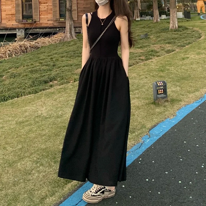 レディース ワンピース フレア ロング マキシ 袖なし ノースリーブ クルーネック フレア 細身 Aライン 切り替え 裾ワイド ウエストマーク ハイウエスト 薄手 かわいい 大人可愛い シンプル