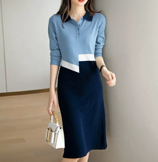 ニットワンピース セットアップ 膝丈 ひざ丈 膝下 袖あり 長袖 Vネック 襟付き ストレート 伸縮性 薄手 かわいい 大人可愛い きれいめ シンプル カジュアル 大人 おしゃれ お洒落 大人女子
