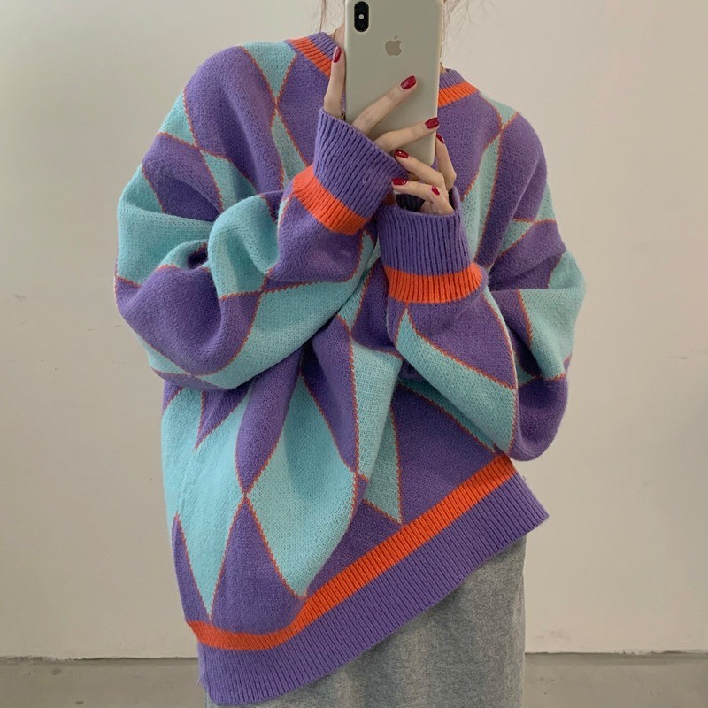 5 韓国スタイルゆるい怠惰なスタイルニットレトロコントラストダイヤモンドプルオーバーセーター女性冬アウターウェア