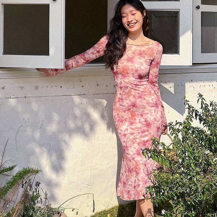 ワンピース ミモレ丈ワンピース 長袖 ラウンドネック シースルー 透け感 異素材ミックス 重ね着風 タイト かわいい 大人可愛い きれいめ シンプル 上品 おしゃれ 大人女子 こなれ感 個性的