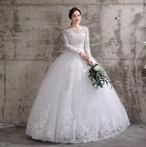 ウェディングドレス 花柄 レース ウエストマーク 結婚式 花嫁 二次会 ミディアム丈 ロングドレス 白 袖あり 長袖 大きいサイズ レディース フェミニン 透け感 シースルー かわいい 大人可愛い
