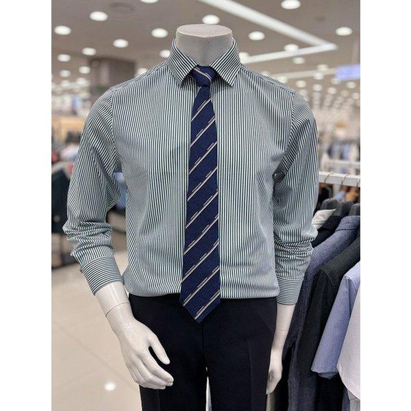 メンズ 伸縮性 抜群 リンクルフリー 長袖 グリーン ストライプ スーツ ワイシャツ シャツ