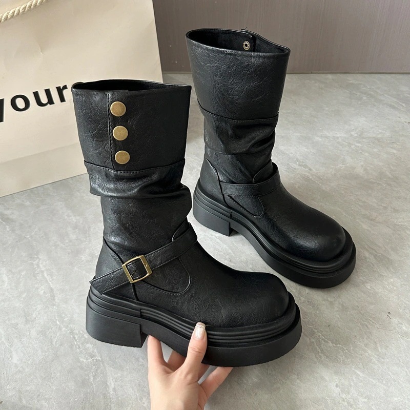 【急速出荷】無.料2025秋のレトロスリムブラウン厚底ブラックショートブーツ厚底ブーツ