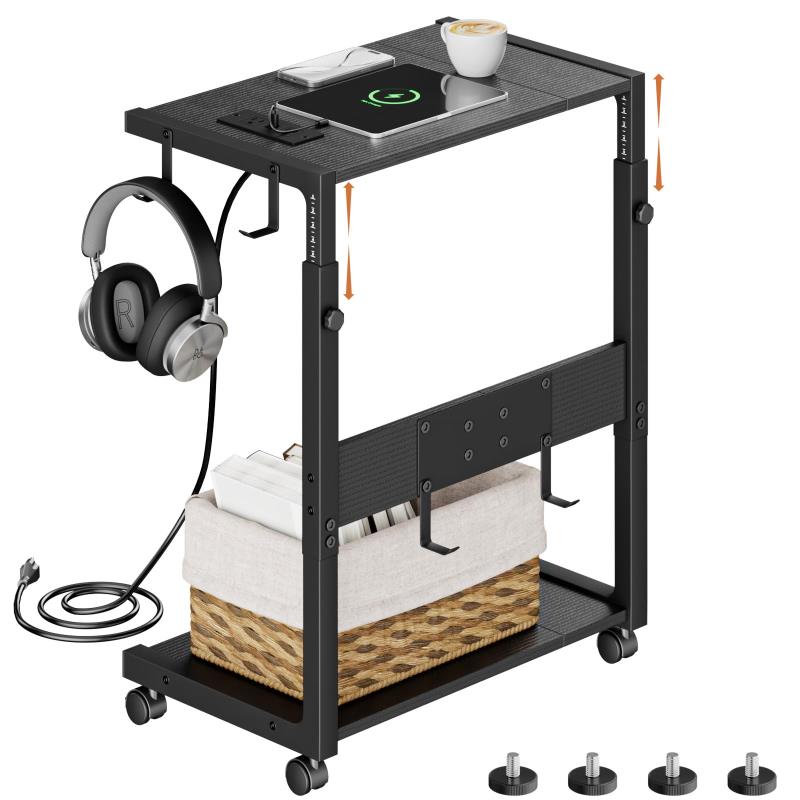 EKNITEY サイドテーブル cpuスタンドキャスター付き コンセント付き高さ調整pcワゴン 多機能パソコンラック 幅49cm×奥行30cm×高さ59-72cm 木製 ブラック