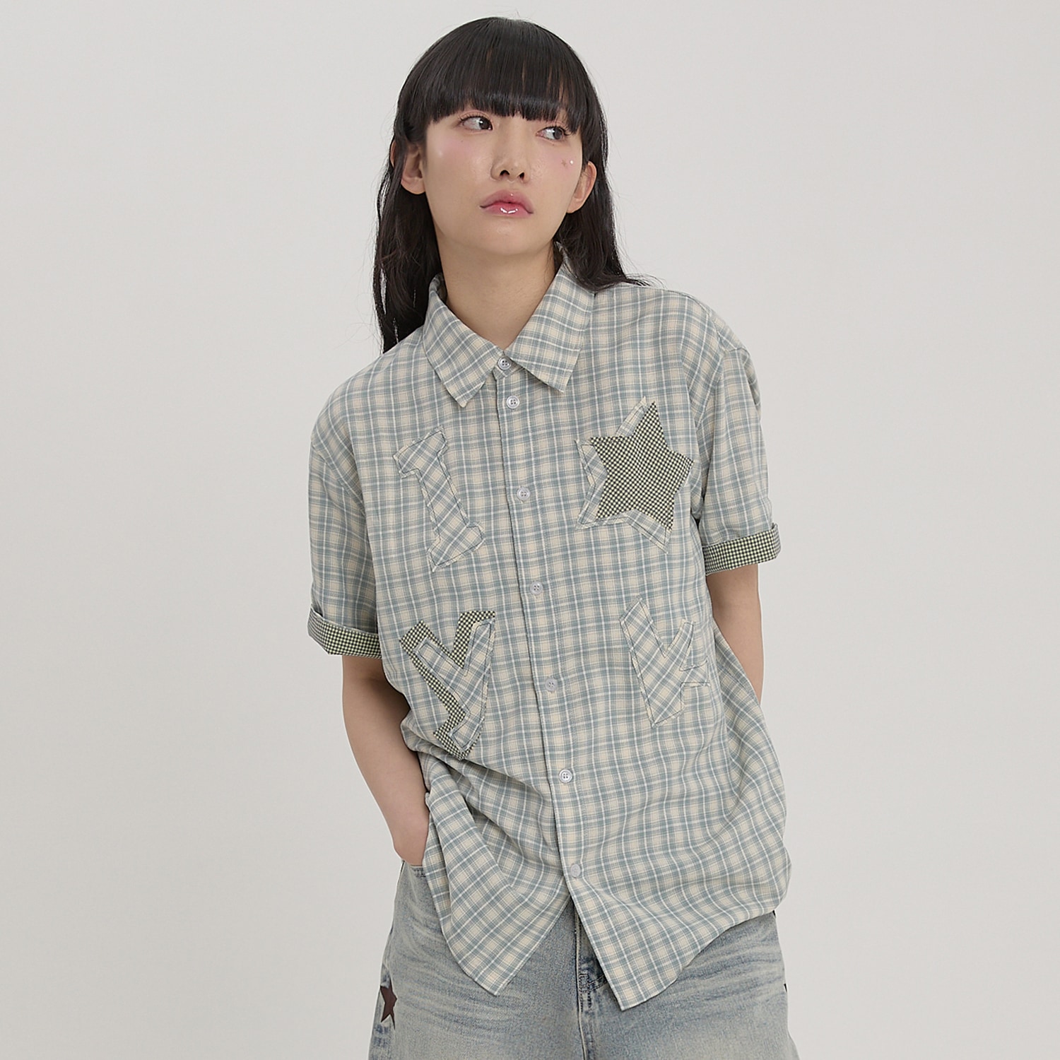 YK Star Applique Check Half Sleeve Shirt MINT 8,554円