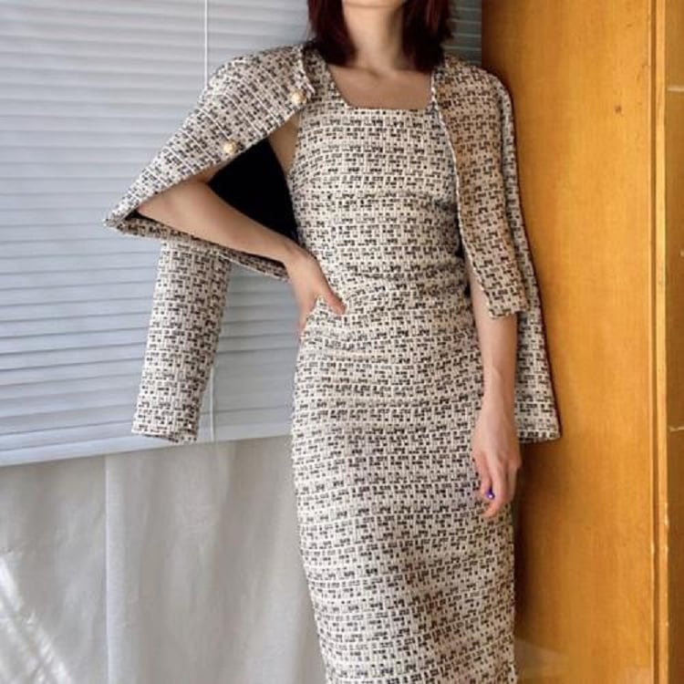 セットアップ ツイード ジャケット ノースリーブワンピース タイト レディース 2点セット ノーカラー 長袖 ロングワンピース 春 秋 冬 フォーマル エレガント 入学式 卒業式 入園式 卒園式