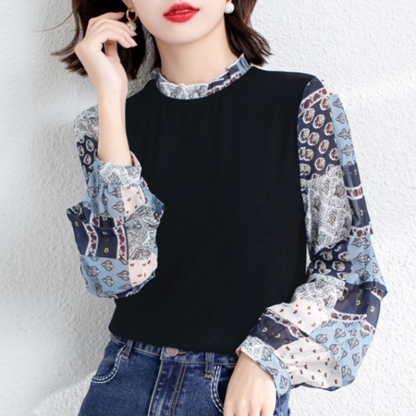 【上質】 スウィート 切り替え 混色 プリント ラウンドネック シフォンシャツ