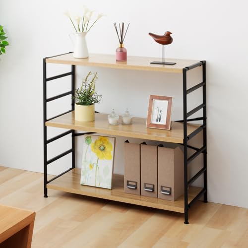 アイリスプラザ ラック 棚 収納 本棚 木製ラック 収納ラック 連結可能 スリム収納 隙間収納 木製棚板スチールラック 幅90×奥行40×高さ85cm 3段 オーク×ブラック MSRK-3OKBK