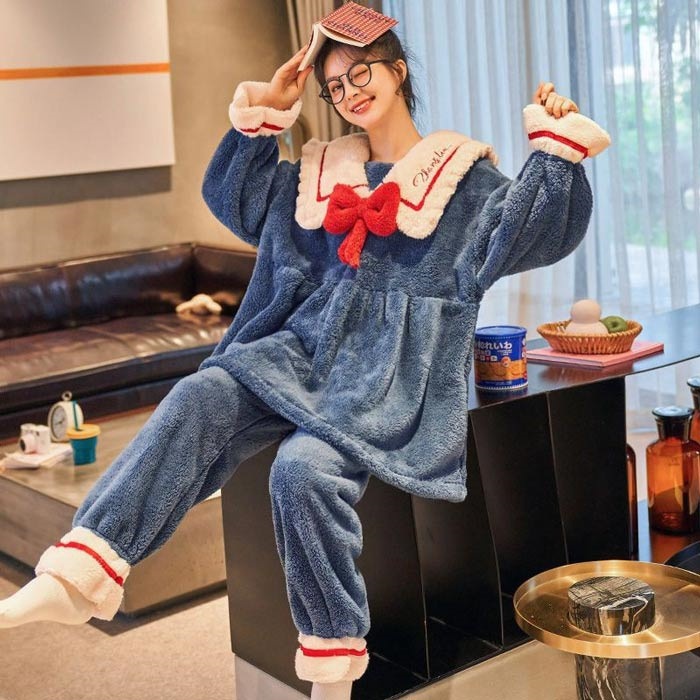 ルームウェアパジャマワンピース パジャマ あったか L もこもこ ルームウェア M ナイトガウン ネイビー 上下セット 寝間着 XL 冬 レディース 可愛い 部屋着 コート リボン