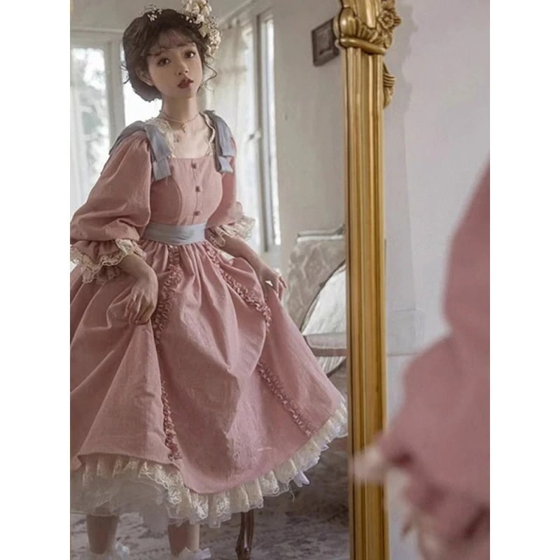ロリータピンクスカートレトロドレスロリータ重工ドレス宮殿風ピンクスカート