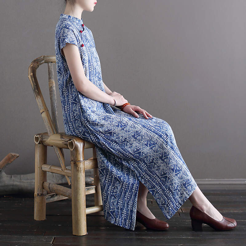 スペシャルオファ ｉライン ミモレ丈 半袖 ロング丈 レディース ロングワンピース アジアン 夏 春 普段着 旅行 女子会 お出かけ こなれ感 かわいい おしゃれ シンプル レトロ 半袖ロング マキシ丈ワンピ カラー ブルー