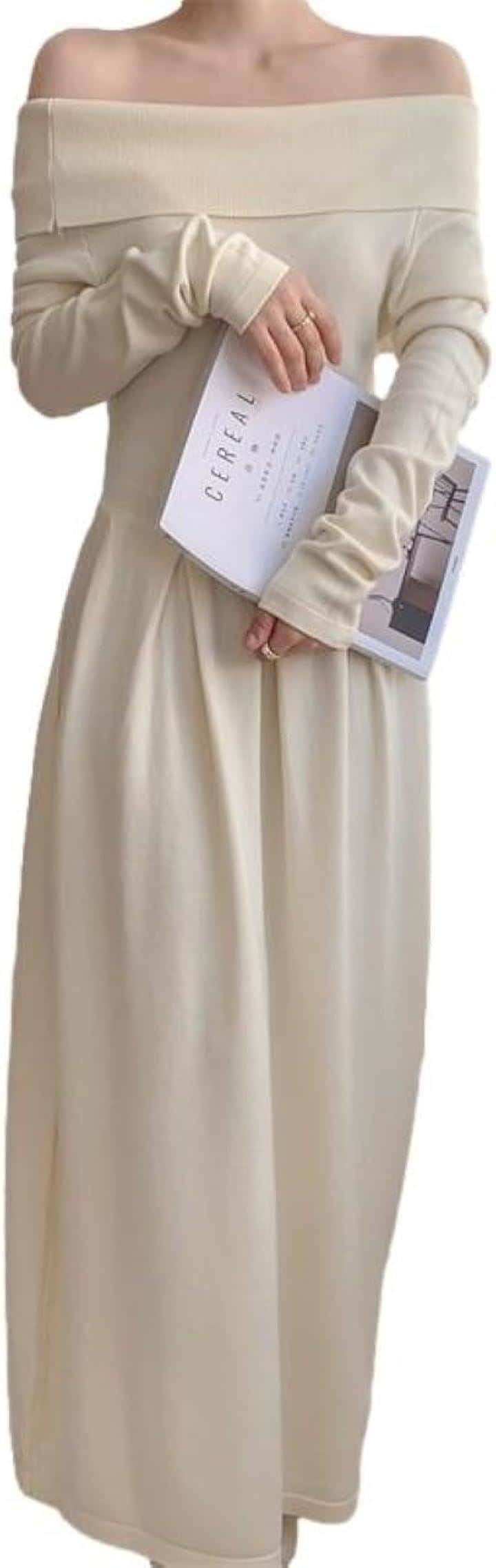 ロングニットワンピース オフショルダー レディース フィット＆フレア 長袖 ボックスプリーツ コーディネート キレイメ エレガンス レディライク シルエット 無地(アイボリー, L)