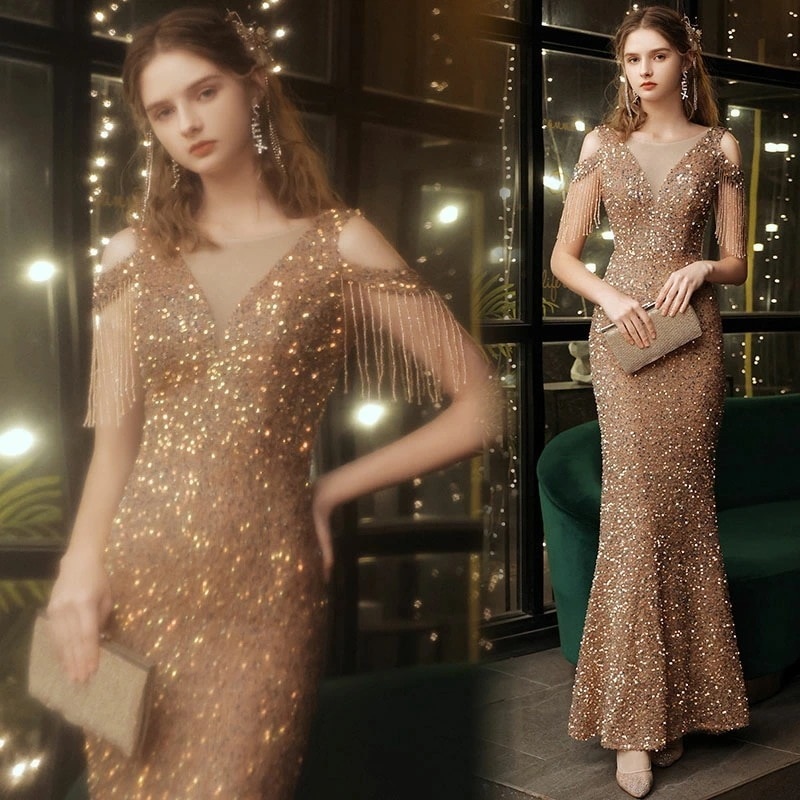 イブニングドレス ゴールド マーメイドドレス オフショルダー ビーズ フリンジ オシャレ キレイめ 発表会ドレス ロングドレス 白 金色 キラキラドレス パーティードレス タイトドレス マーメイドライ