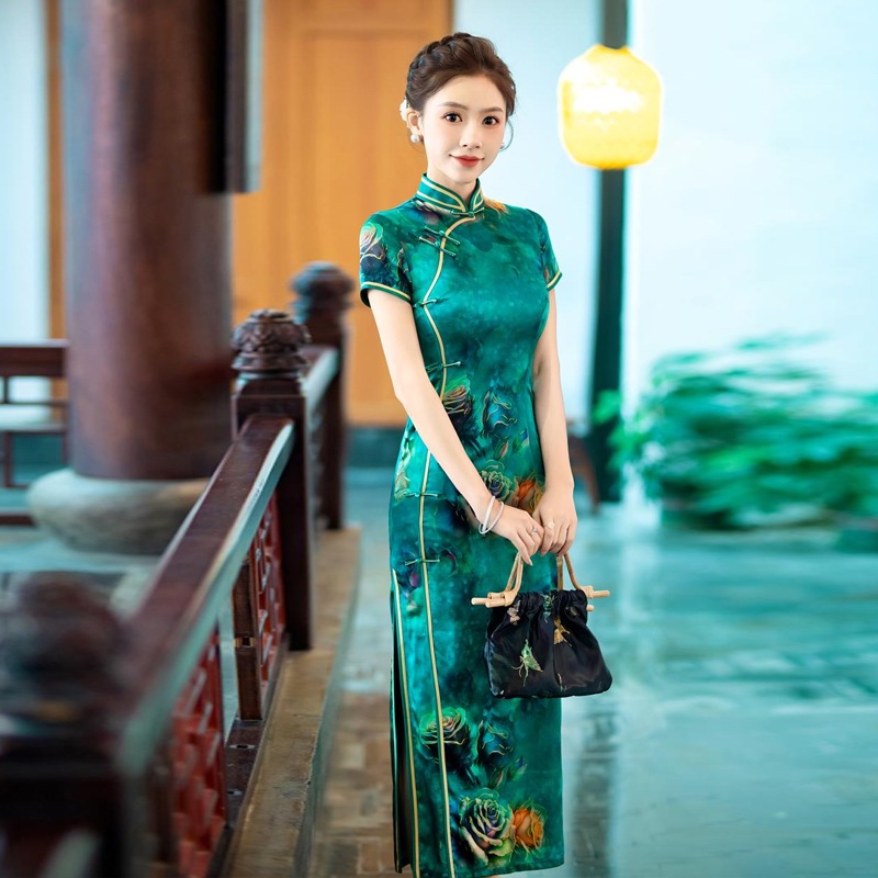 2025シルクチョンサムの気質長い改良バージョンマルベリーシルクファッションスリム