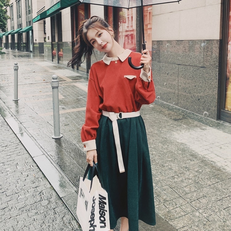 ワンピース レディース フレアワンピース S M L XL 韓国 ミモレ丈 ロング 長袖 ボリューム袖 ロングカフス クルーネック フレア Aライン ドッキング ウエストマーク ベルト かわいい 大人